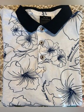 Armani Exchange A/X White Polo with Navy Floral Print Designer Golf Casual